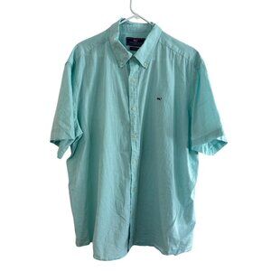Vineyard Vines Whale Shirt Mens XXL Aqua Button-Up Cotton Linen Blend Short Slee